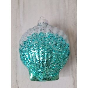 Glitter blown glass blue shell ornament Xmas sea beach
